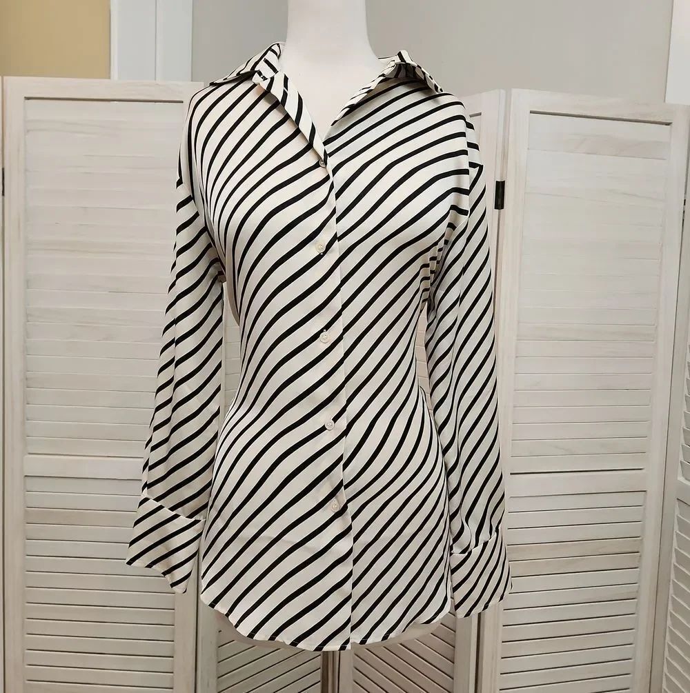 H&M Black & Off White Diagonal Stripe Button-Up Shirt Oversized